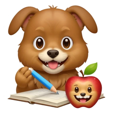 playful dog with homework half in its mouth, teeth visible tearing paper, apple style emoji sticker