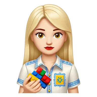 A Ukrainian girl in an embroidered shirt holds Lego bricks sticker