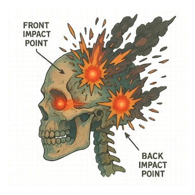 a skull exploding, diagram, front and back impact points, cyberpunk futuristic sticker