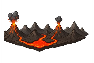A stylized illustrated volcanic arc strip: a long chain of mountains with several erupting and dormant volcanoes, connected by glowing lava seams like a crack. The lava is vivid red-orange, slightly molten and glossy. The ridge feels like a map overlay symbol for plate boundaries and active volcanism. Clean cartoon-realistic style, smooth shading, sharp silhouette. No text, no labels. Pure white background (#FFFFFF). Wide banner composition, high resolution, 4K. sticker