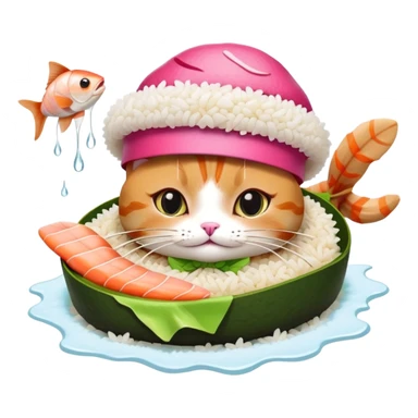 cat wearing a sushi hat with rice base, multiple fish pieces on top, wasabi accent, pink ginger slices, and lots of soy sauce heavily dripping down the sides sticker
