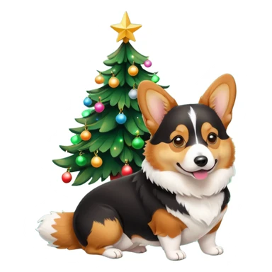 black tricolor corgi with no tail and christmas tree next to it sticker