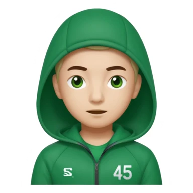 gi-hun from squid game, apple style emoji, green tracksuit, number 456, expressive face sticker