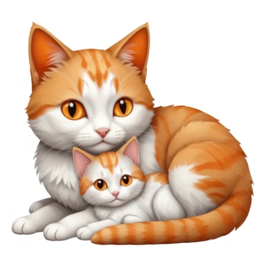 full body of a grey and white cat cuddling a very small + skinny ginger and white kitten with deep orange eyes and triangular shaped face lying down sticker