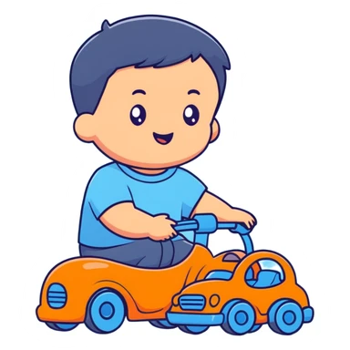 cute toddler boy with pastel blue clothes playing with a blue toy car sticker