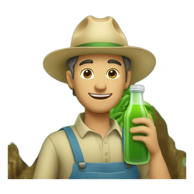 farmer with green juice bottle sticker