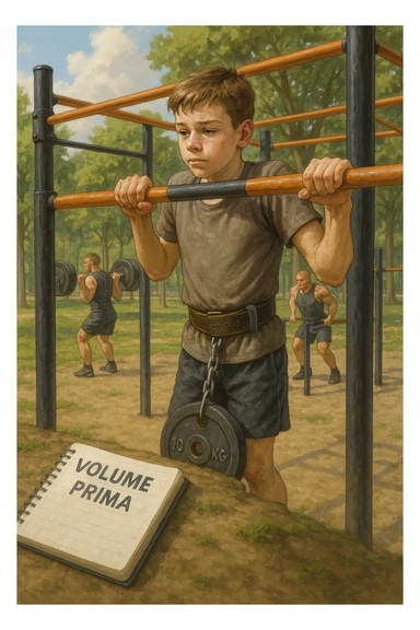 Atleta neofita giovane in un parco attrezzato per streetlifting, fisico ancora in fase iniziale. È intento a eseguire molte ripetizioni di esercizi a corpo libero con pesi leggeri (zavorra moderata), come trazioni e dip su parallele. Accanto a lui un taccuino di allenamento con la scritta 'Volume Prima'. L’atmosfera è luminosa e motivante, con altri atleti più muscolosi che sollevano carichi pesanti, ma lui è concentrato sul gesto tecnico e sulla costanza. Stile realistico, colori naturali, messaggio educativo su priorità all’adattamento progressivo e al volume. sticker