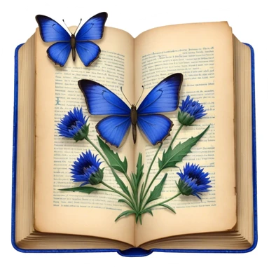 A vintage book with a worn blue cover, open to reveal pressed blue cornflowers and a resting green butterfly. sticker