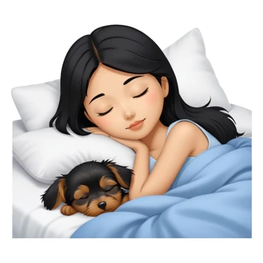 pretty asian girl with black hair sleeping in bed with small yorkshire terrier sticker