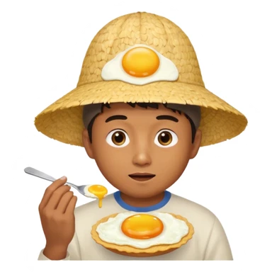 Asian guy with a rice hat eating an egg sticker