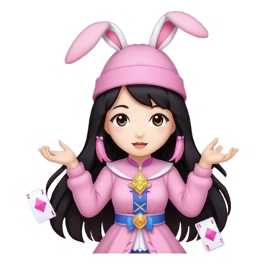 pixel art chibi asian girl with dark long hair in pink bunny ears hat magical girl with kawaii tarot cards thrown in air pixel emoji sticker
