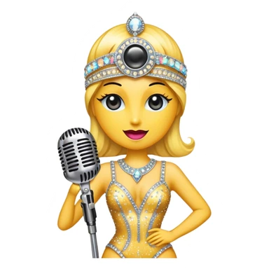 Create a glamorous and vibrant emoji representing stage vocal performance. The design should feature a classic vintage microphone at the center, surrounded by an eye-catching stage costume covered in rhinestones, sparkling brightly. The costume should be stylized, with glittering elements like sequins and sparkles, and reflect the glitzy, extravagant nature of show business. The microphone should have a sleek, retro look with chrome or metallic accents. Use rich, dazzling colors like gold, silver, deep purple, and bright red to evoke the glamorous, larger-than-life feel of a stage performance. The background should be transparent. sticker