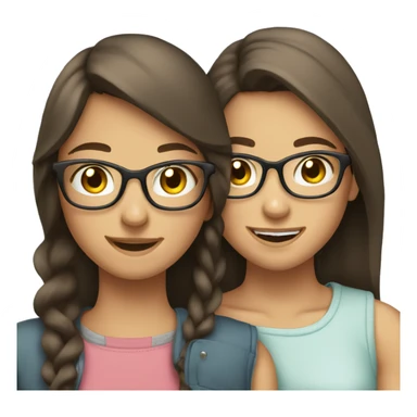 two brunette teenage girls hugging each other one with braces other with clear glasses sticker
