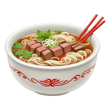 Cinematic Realistic Pho Dish Emoji, depicted as a steaming bowl of aromatic beef noodle soup with herbs rendered with lifelike textures and vibrant, warm lighting. sticker