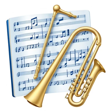 Create an artistic emoji that represents music arrangement and orchestration. The design should feature various orchestral instruments (drums, violin, electric guitar, synthesizer) and conductor's baton, musical scores. Incorporate flowing lines to represent harmony and orchestral balance, along with a subtle representation of sheet music. Use rich, classical colors like gold, silver, or deep blue, and create an atmosphere of sophistication and precision. The background should be transparent. sticker