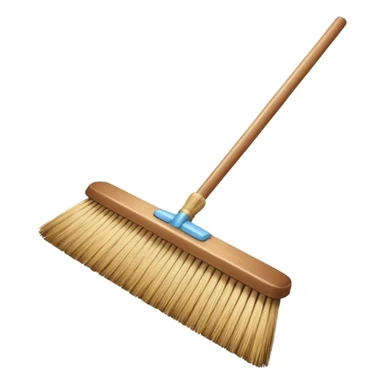 traditional broom with wooden handle on a dusty carpet, straw bristles sweeping visible dust particles, vintage household cleaning tool, 3D cartoon, mobile game icon style, centered composition, no people, no animals, no text, no watermark sticker