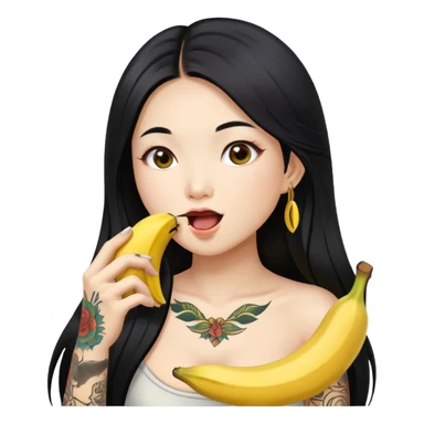 Beautiful Asian girl with long black hair and body tattoos eating a banana sfw sticker
