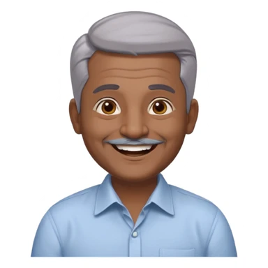 50 yr old indian man, dark skin, grey hair, big smile, white teeth, chubby, no moustache, clean shaven, young style hair, hair brushed back, 5 oclock shadow, bindy on forehead, dress shirt, bindy sticker