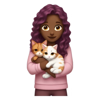 girl with long very dark red purpley wavy hair and dark brown eyes and light pink outfit hugging a white & ginger cat  sticker