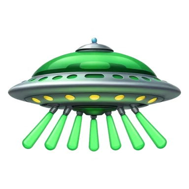 UFO flying saucer, green lights, cartoon sci-fi emoji, no background sticker