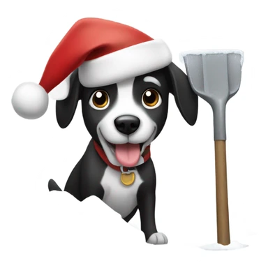 Black and white dog with a santa clause hat on shoveling snow sticker