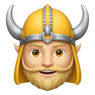 Viking emoji in Messenger style, yellow face, simple eyes, smiling, horned helmet sticker