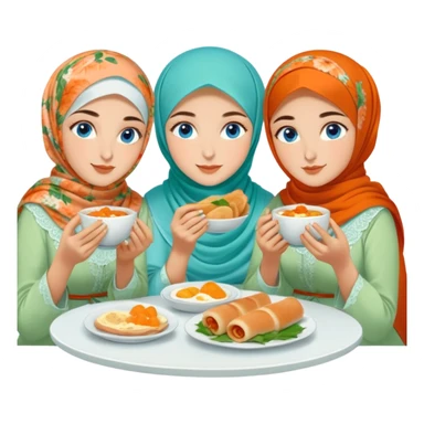 Three sister Turkish girls beautiful finish Konya blue eyes with orange floral hijab and light green dress and eating a Turkish Breakfast sticker