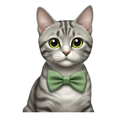 Aesthetic round-faced grey tabby British short hair full body cat with sage green bow tie sticker
