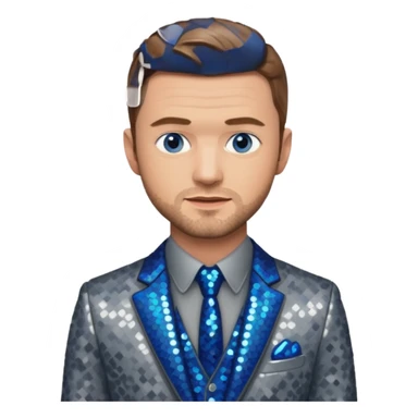Justin Timberlake with light brown hair, blue eyes, sequin grey suit jacket sticker