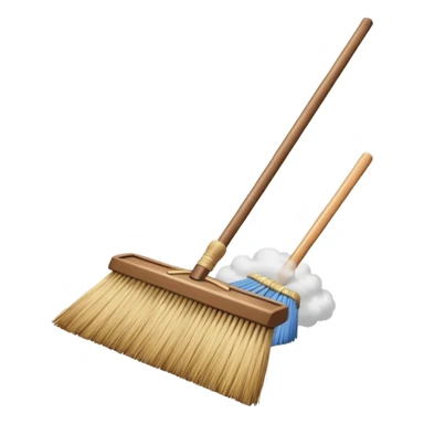 traditional broom with wooden handle on a dusty carpet, straw bristles sweeping visible dust clouds, old-fashioned cleaning tool, vintage household style, 3D cartoon, mobile game icon style, centered composition, no people, no animals, no text, no watermark sticker