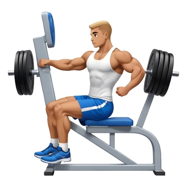 side-view bodybuilder in blue shorts seated weighted calf-raise machine lower leg exercise sticker