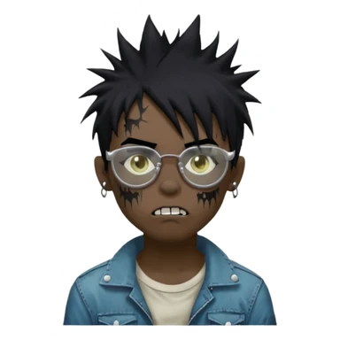 Boy, zombie, black hair, medium long, spiky hair, emo, shaggy, dark, spooky, creepy expression emoji, add transparent glasses, a risk on the eyebrow, some tattos sticker