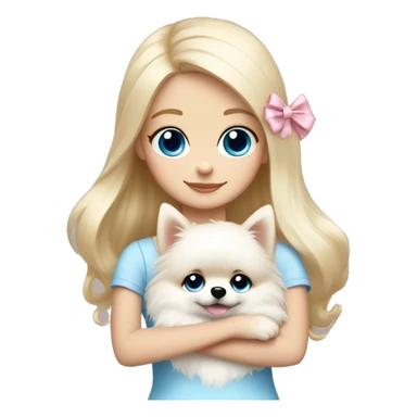 Blond girl white skin blue eyes hugging white Pomeranian with light pink bow sticker