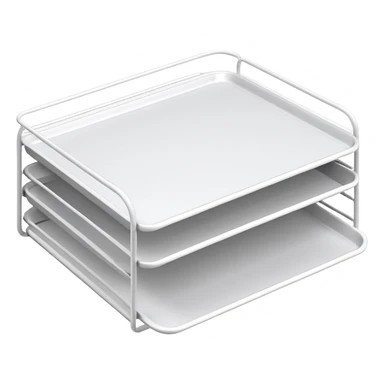 A minimal, clean emoji-style illustration of a white metal desk paper organizer tray, shown in slight isometric view so its structure is readable at a small scale. The organizer is rectangular with rounded corners, made of thin white metal wires, forming two to three stacked horizontal slots.
 sticker