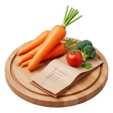 carrot tomato brocoli on the wooden cutting board with floating rolled paper list sticker