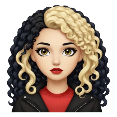split dye leftside blonde rightside black hair, baddie, pretty makeup, black eyeliner, long and curly hair sticker