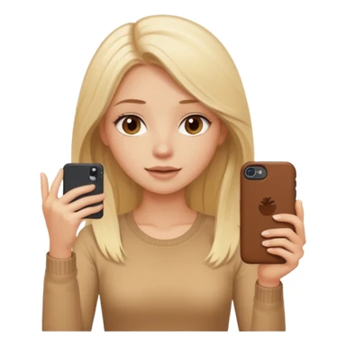  beautiful pale blonde girl with long hair taking selfie on brown case iPhone in beige top sticker