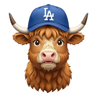 Highland cow wearing a dodgers hat sticker