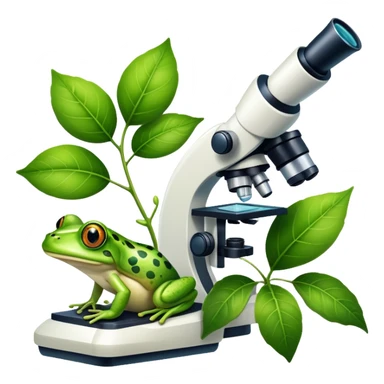 An icon featuring a DNA strand, a microscope, and a green leaf, symbolizing biology. The design includes animal cells, plant structures, and a frog, representing the study of living organisms and ecosystems. Transparent background highlights life sciences and biological research. sticker