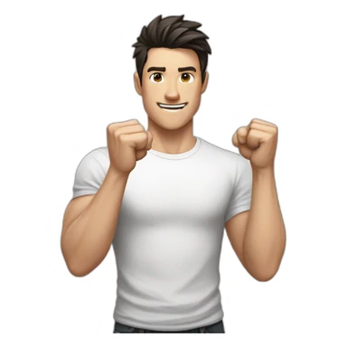dark haired white young man in white t-shirt raising both fists in victory sticker