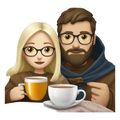 Pale blonde girl wearing glasses drinking tea under blanket with bearded brunette man sticker