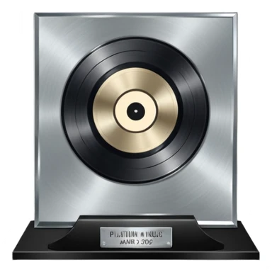 A platinum music award plaque: a square, polished platinum plate with a subtly textured, mirror-like finish, mounted on a simple dark metal base. The center features a relief of a or stylized vinyl record in a slightly darker metallic tone.  sticker