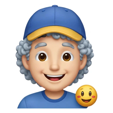 a yellow faced emoji, simple style, big smile, winking, blue ball cap on backwards, cartoon, curly grey hair sticker