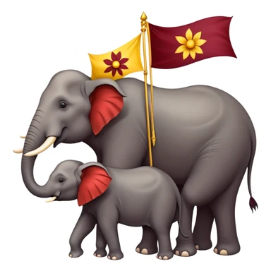 Design a political party flag featuring a horizontal tricolor of red, yellow, and maroon. At the center, place a stylized flower surrounded by 28 stars. Position two majestic elephants on either side of the flower, facing outward sticker
