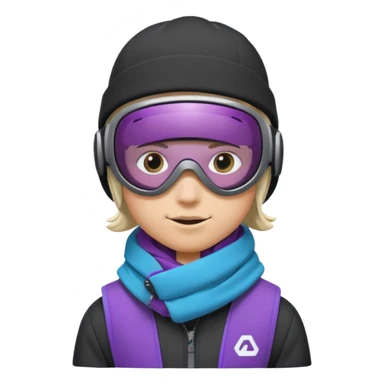 Pro Snowboarder with white and grey beanie, ONE pair of purple and blue frameless goggles on and a black jacket sticker
