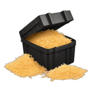 Black cubic plastic container with wood shavings inside sticker