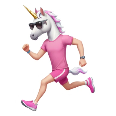 friendly anthropomorphised male white unicorn in grey shorts and pink t-shirt, wearing dark sunglasses, jogging upright in a standard pose sticker