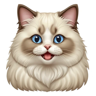 Cinematic-Adorable-Seal-Ragdoll-Cat-Portrait-Emoji – Big-eyed, fluffy Ragdoll cat with a playful head tilt and a cute yawn, soft brown-and-white fur with darker seal points on the ears and face, simplified yet irresistibly cute features, sparkling blue eyes full of mischief, highly detailed with a gentle glow. sticker