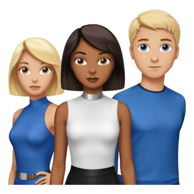 3 Friends standing side by side, charlie's angels style: 1 black woman with a short flat pressed bob, 1 hispanic man with a thin nose and long hair, and 1 white guy with blue eyes and a short brown-blonde haircut sticker