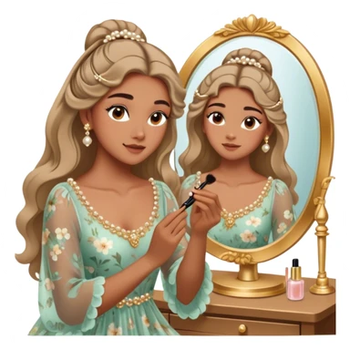  Middle Eastern-inspired moment of a woman getting ready in front of a mirror. She wears a delicate floral dress with sheer, flowy sleeves, accessorized with gold jewelry and traditional pearl-adorned hair clips. Her  as she applies mascara, her reflection revealing a soft smile.  sticker